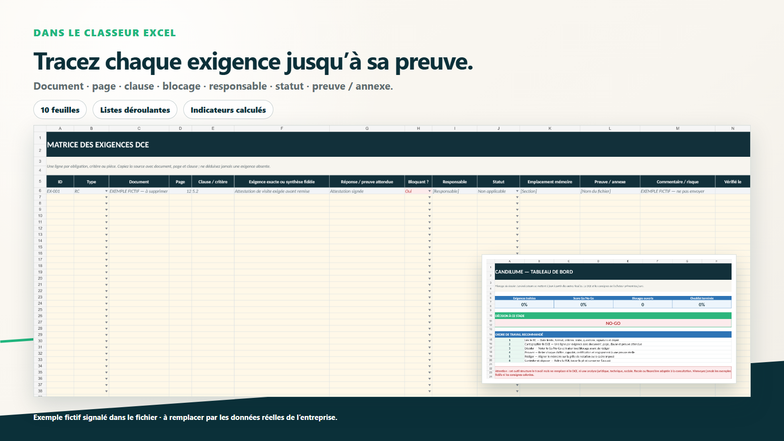 Aperçu réel du tableau Excel Candilume avec points demandés, sources, statuts et justificatifs