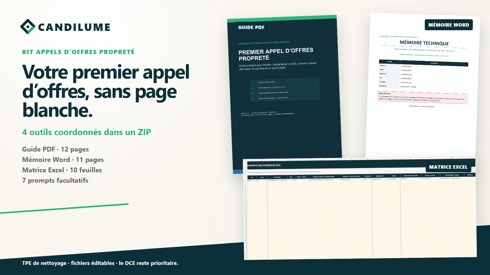 Guide PDF, mémoire Word et matrice Excel réellement inclus dans le kit Candilume